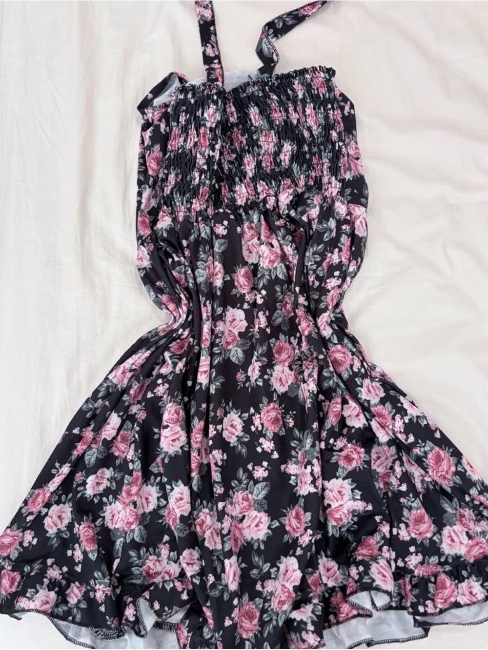 Black Floral Smocked Sundress with Pink Roses
